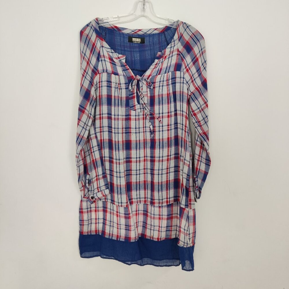 Lori M Vintage Women's Blouse Size L Plaid Blue Red Lightweight Y2K Sheer Lined